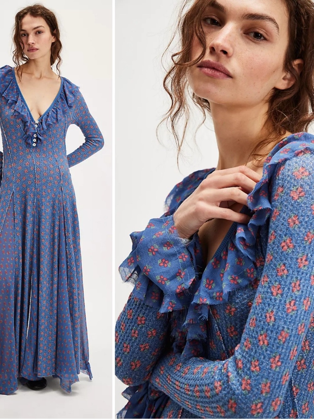 Free People Blue Floral Ruffle V-Neck Maxi Dress